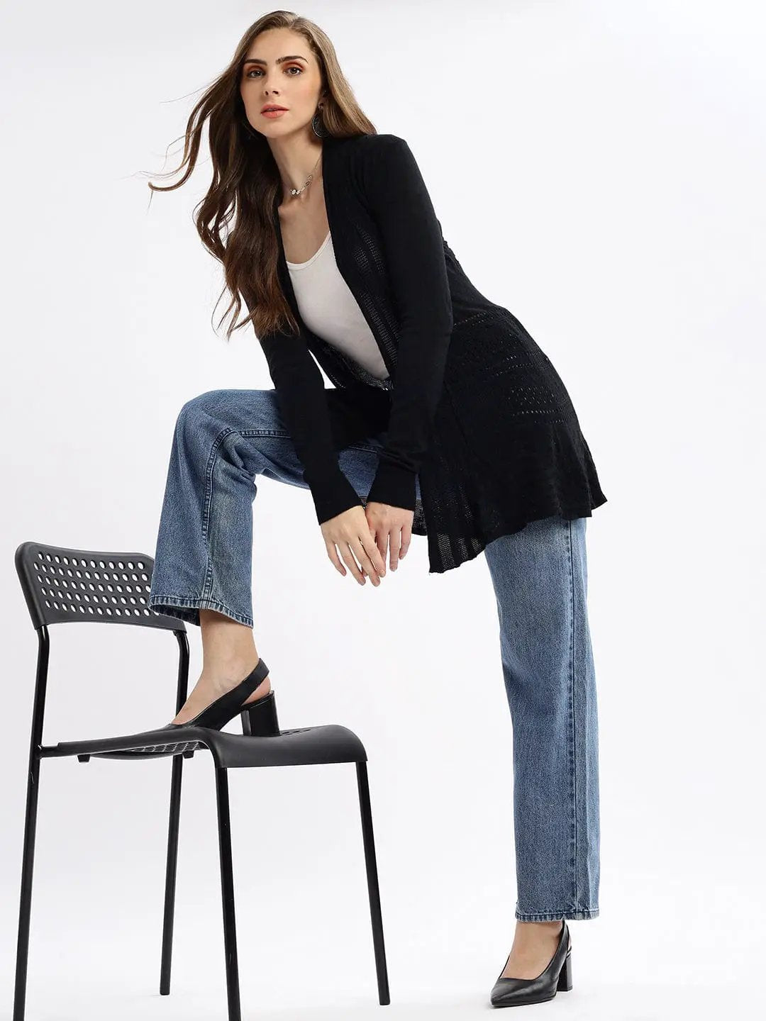 Women's Black Self Design Open Front Longline Shrug