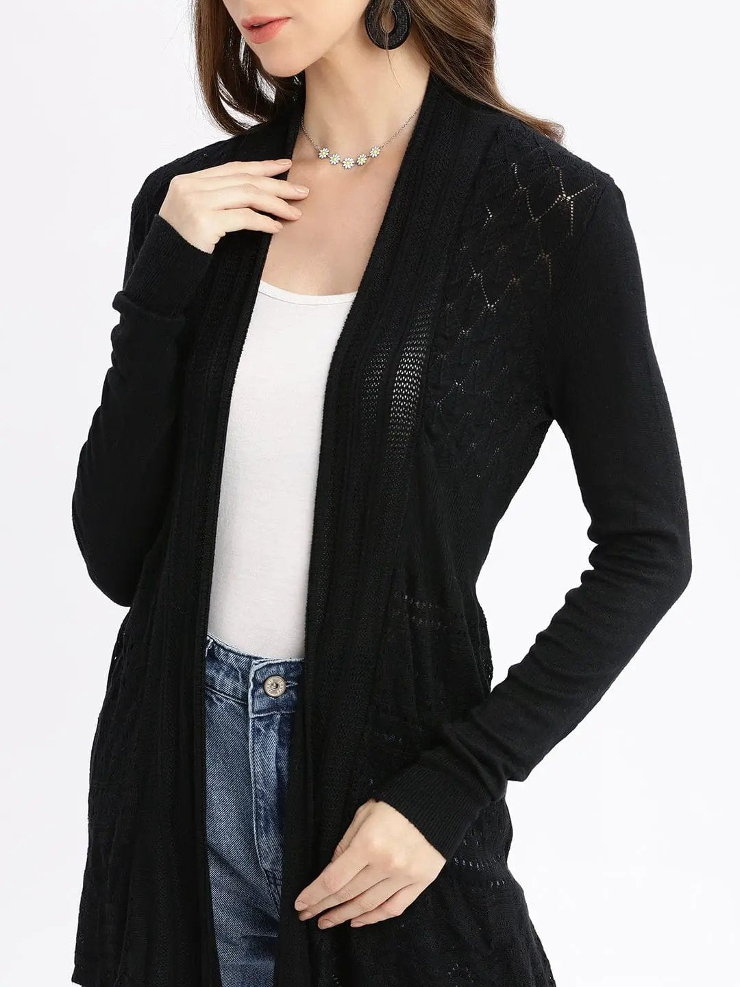 Women's Black Self Design Open Front Longline Shrug