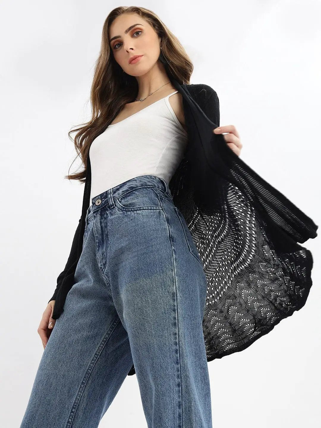 Women's Black Self Design Open Front Longline Shrug