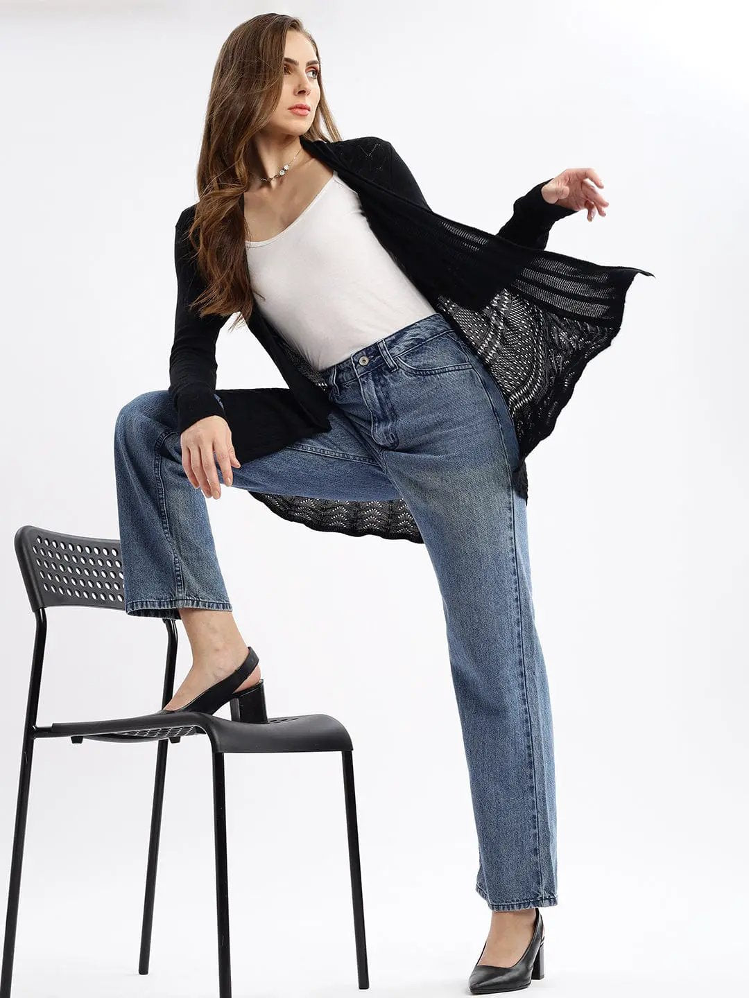 Women's Black Self Design Open Front Longline Shrug