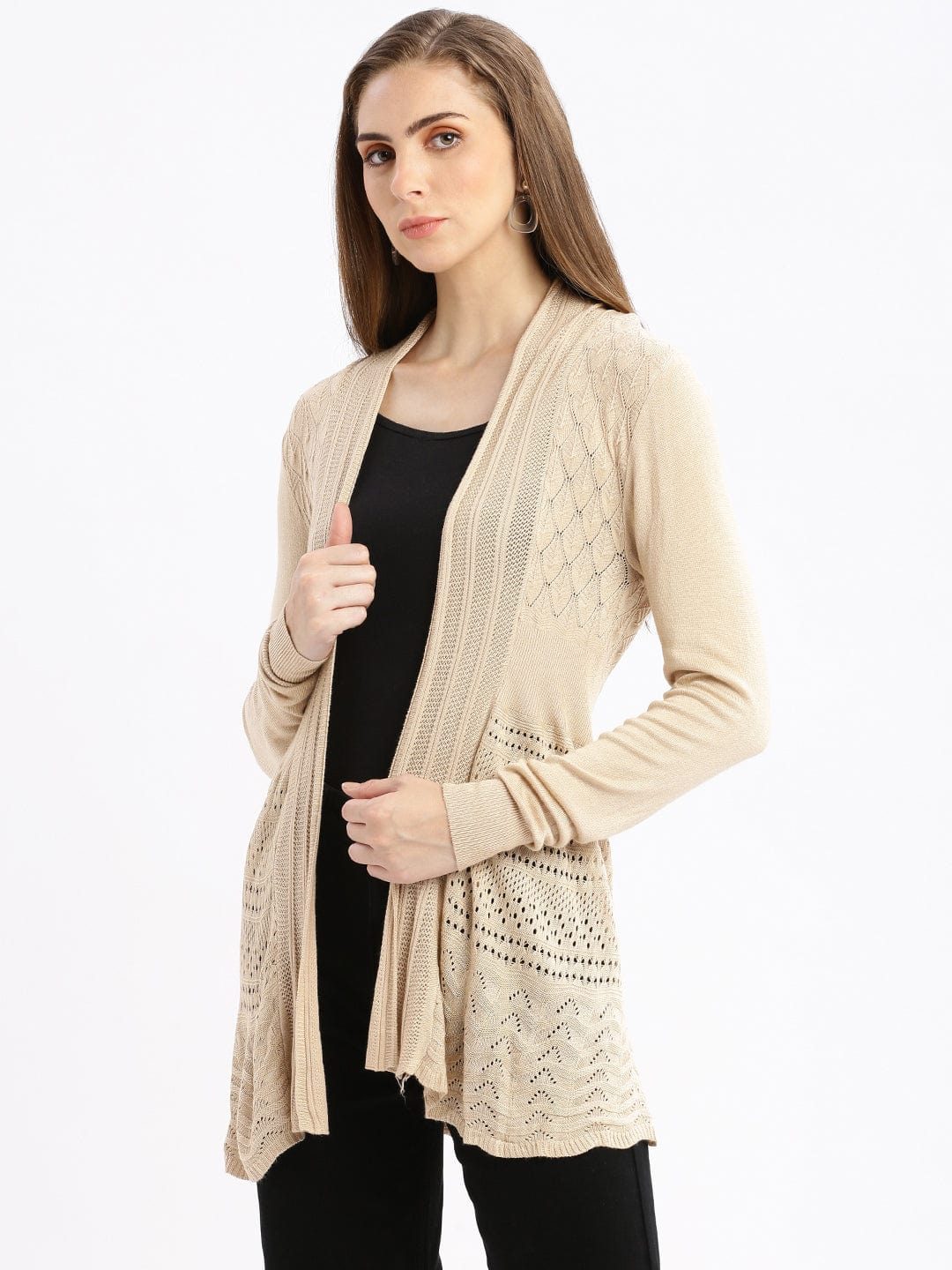 Women's Beige Self Design Open Front Longline Shrug