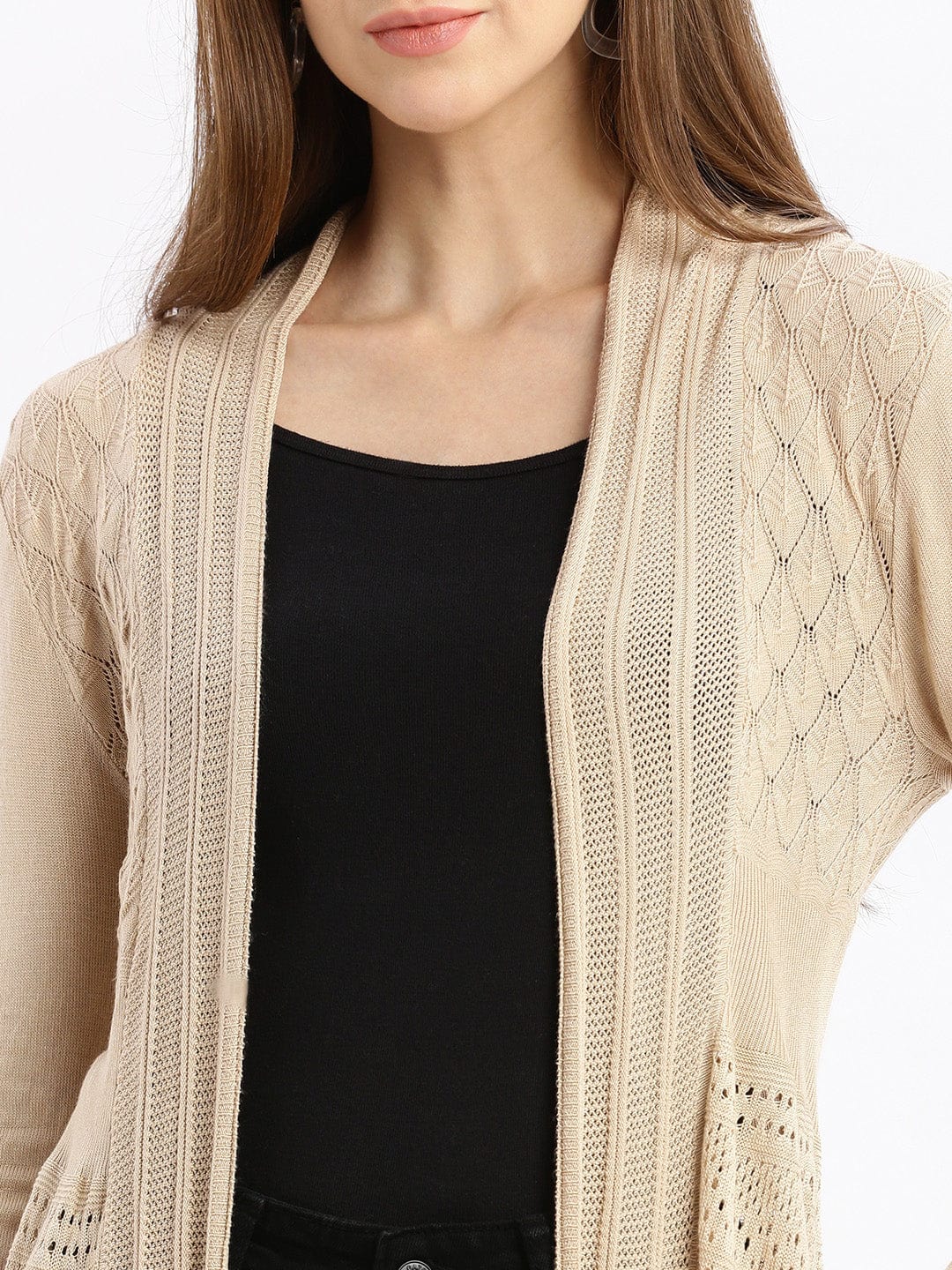 Women's Beige Self Design Open Front Longline Shrug
