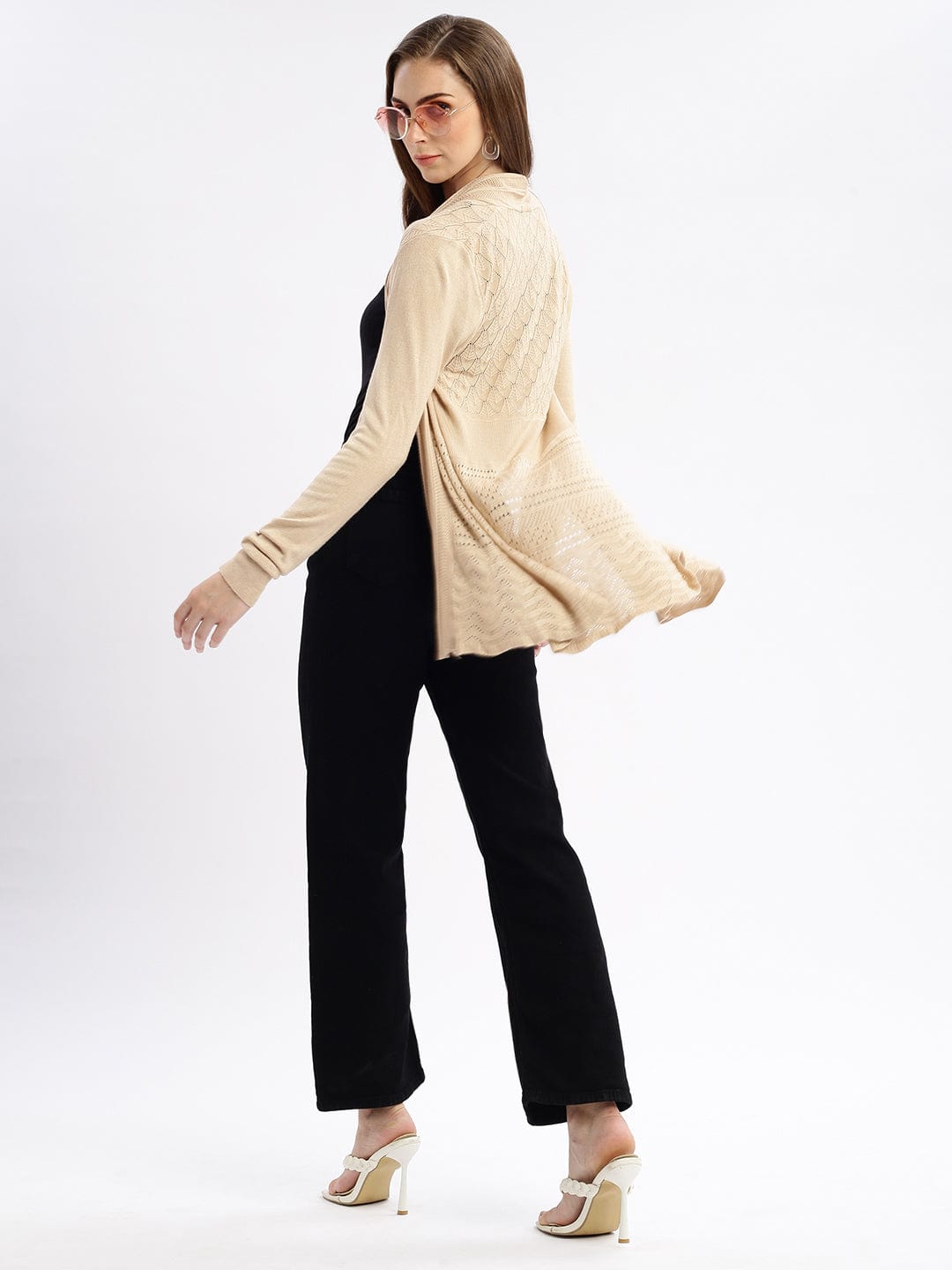 Women's Beige Self Design Open Front Longline Shrug