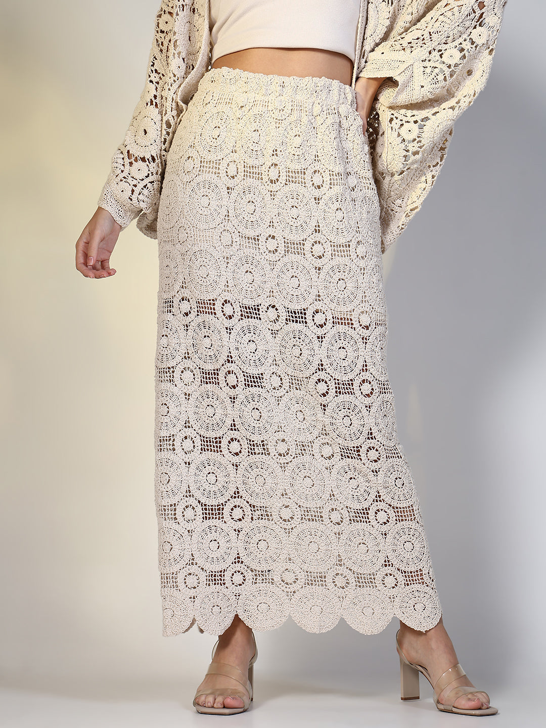 Women Cream Solid Crochet Skirt