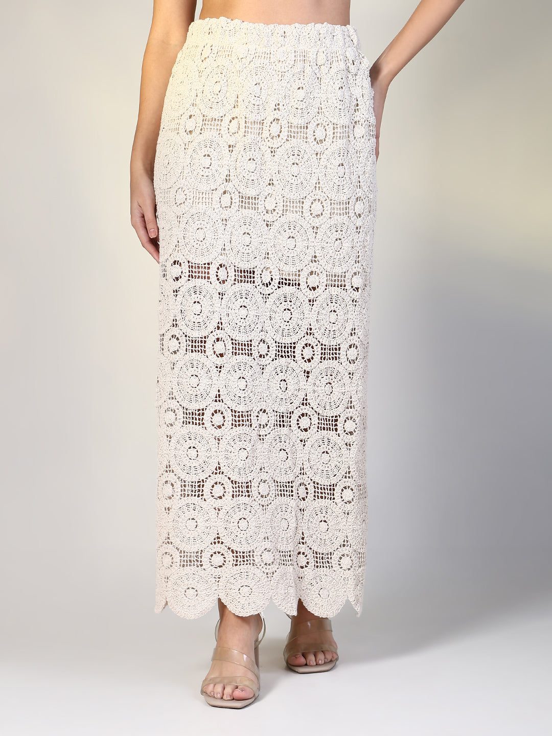 Women Cream Solid Crochet Skirt