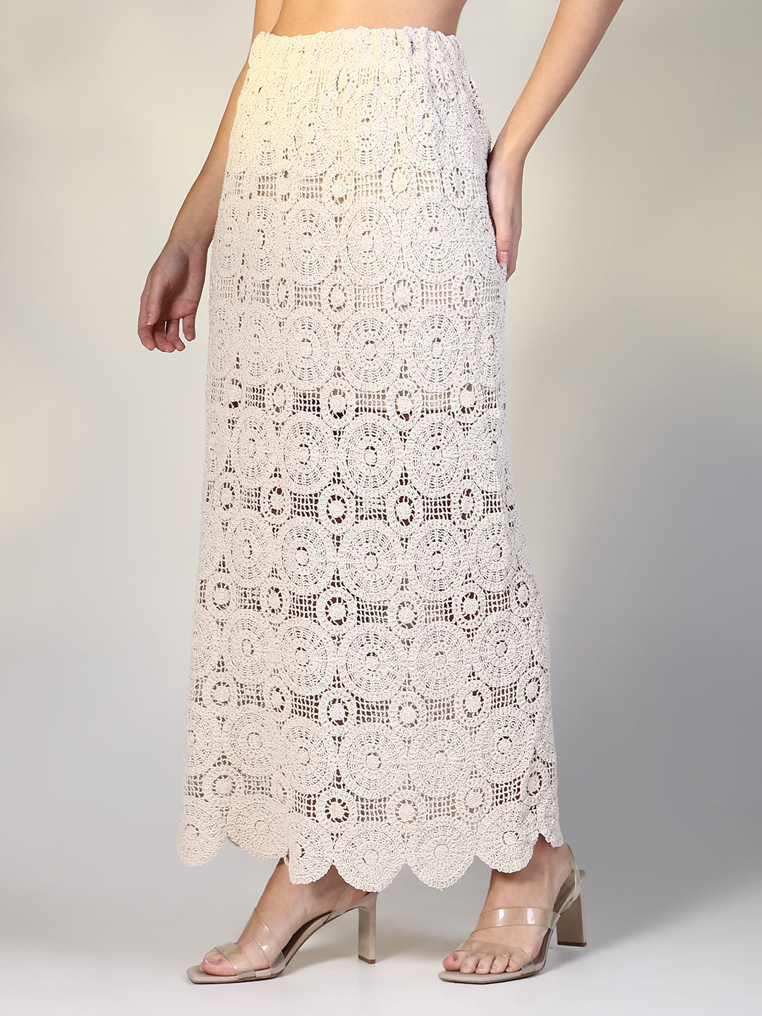 Women Cream Solid Crochet Skirt