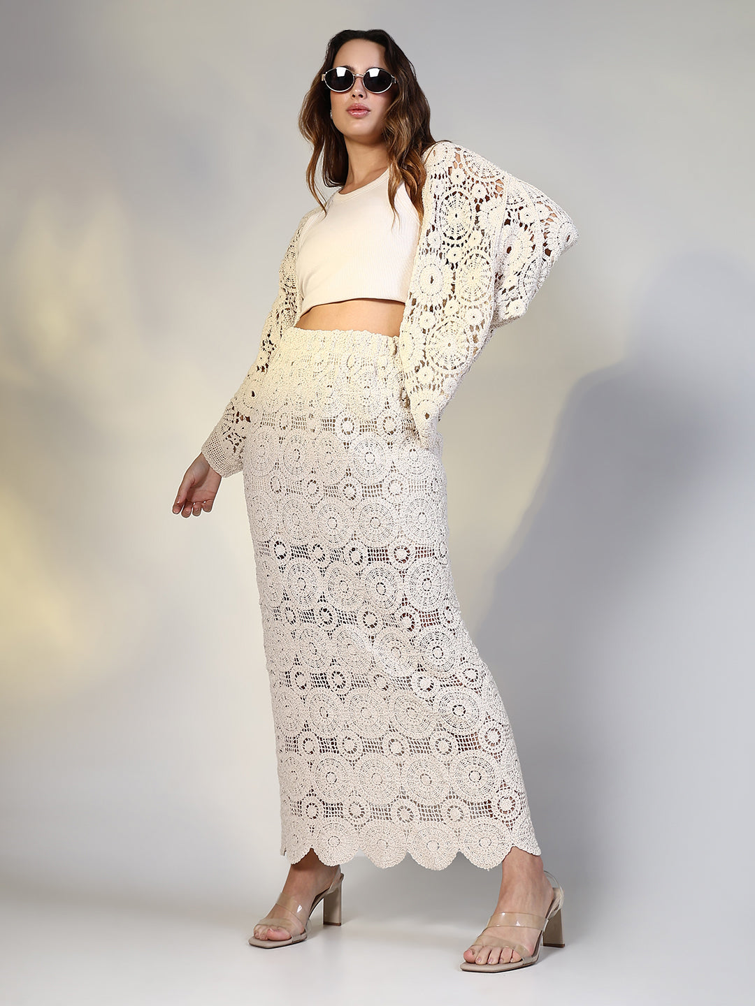 Women Cream Solid Crochet Skirt