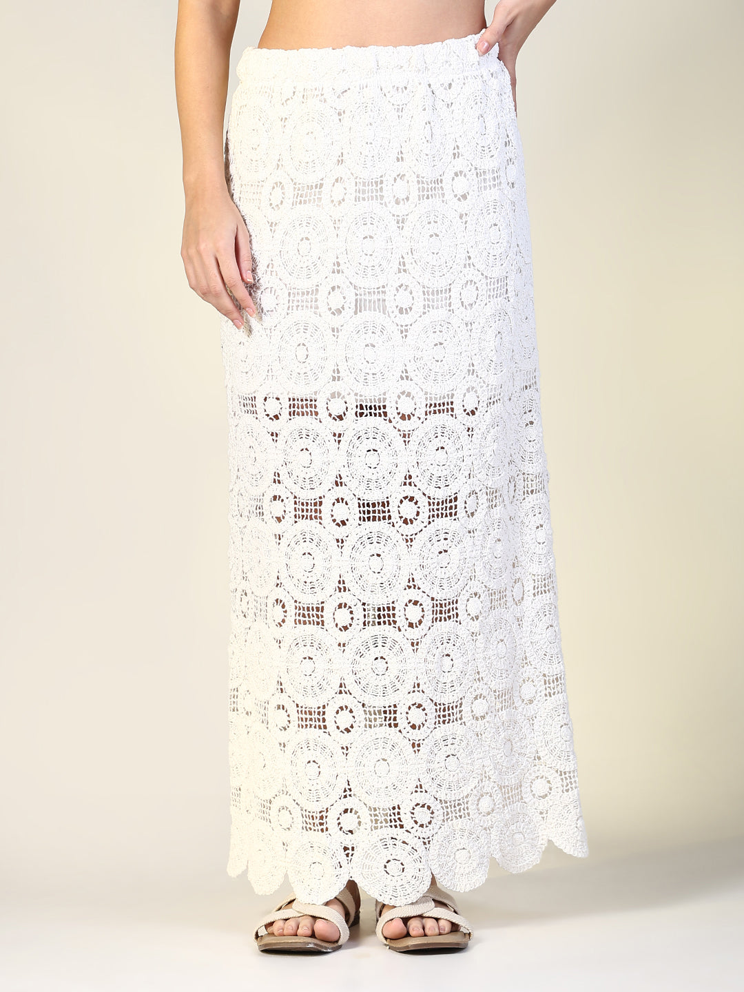 Women Off White Solid Crochet Skirt