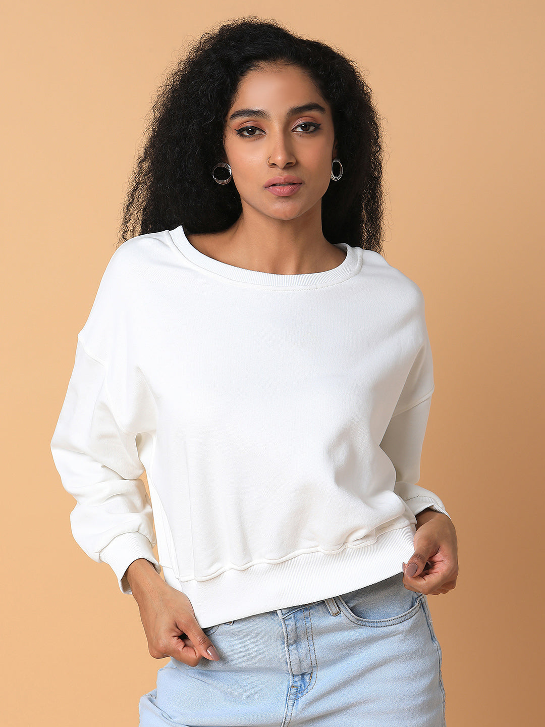 Women Solid Off White Drop Shoulder Pullover