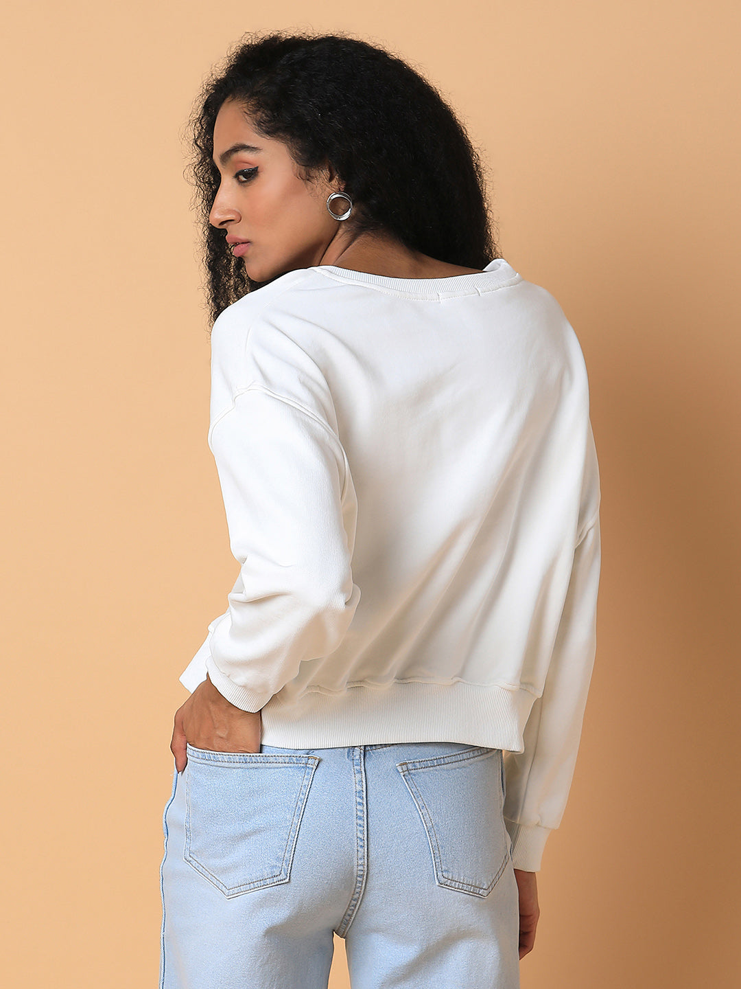 Women Solid Off White Drop Shoulder Pullover