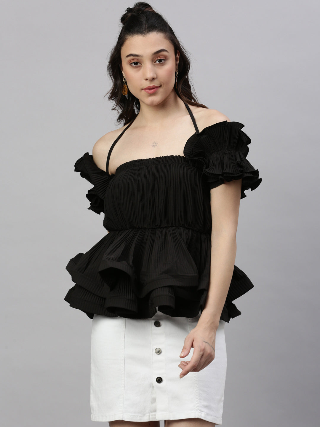 Women Solid Black Cinched Waist Top