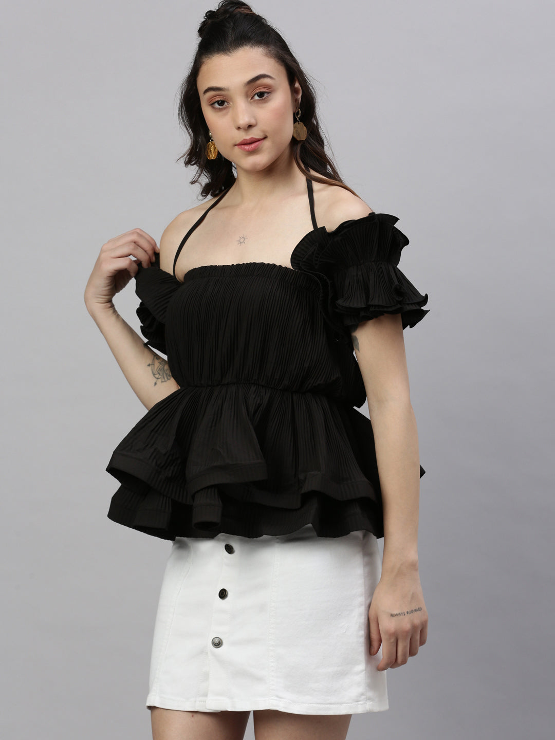 Women Solid Black Cinched Waist Top