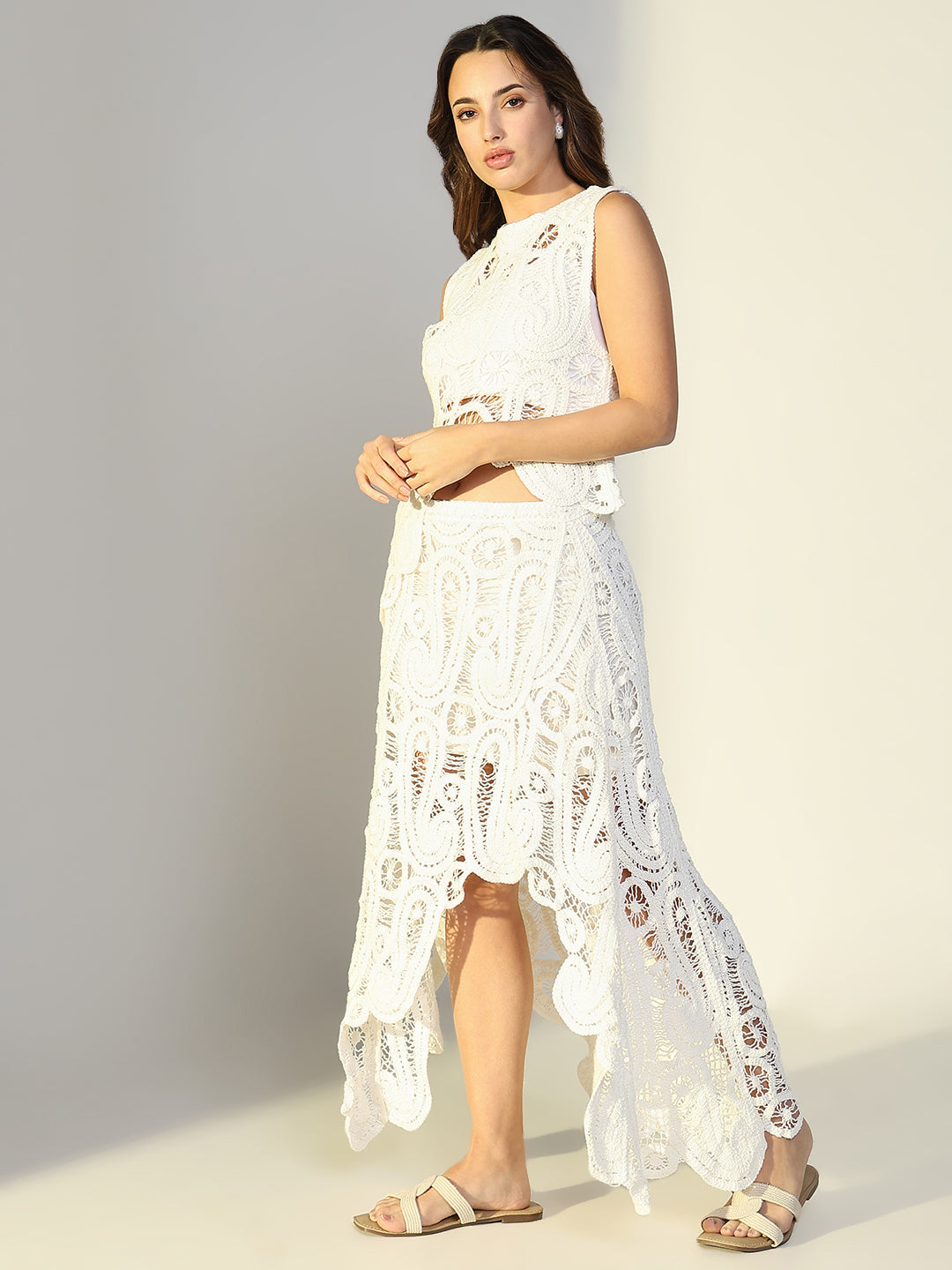 Women White Embroidered Crochet Co Ords Set