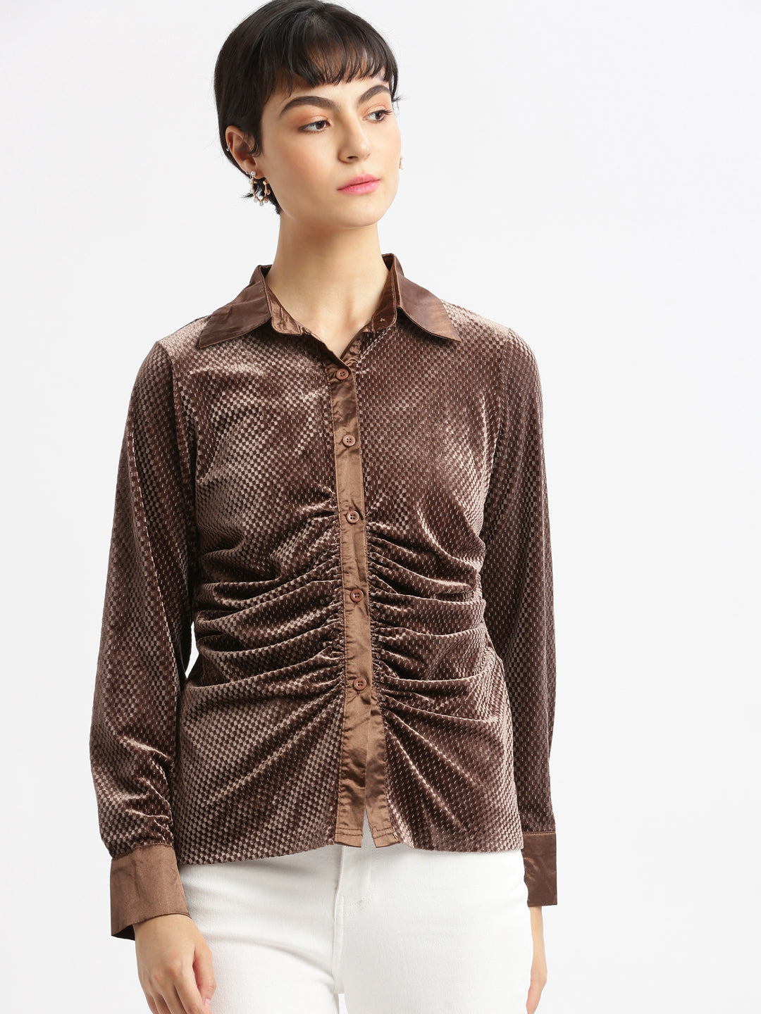 Women Geometric Brown Slim Fit Shirt