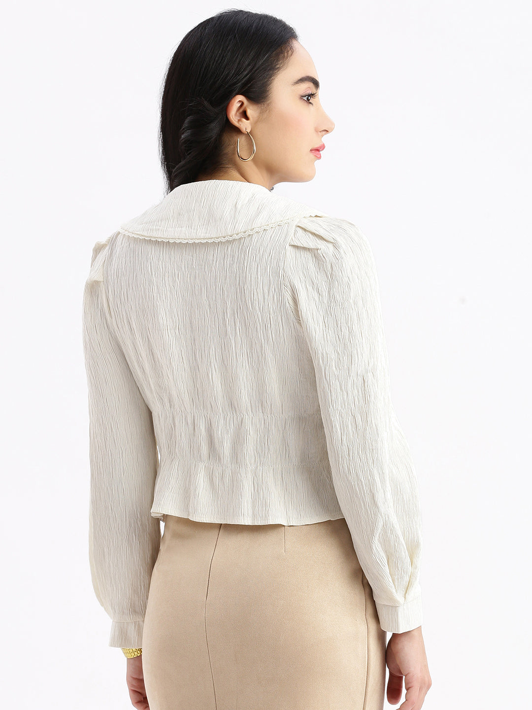 Women's Cream Horizontal Striped Knits Round Neck Acrylic Top