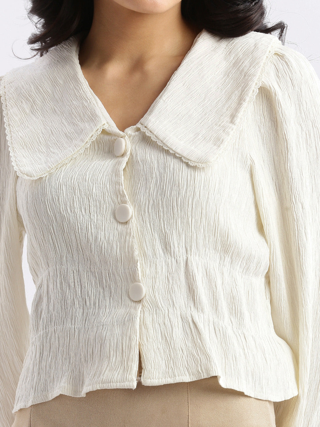 Women's Cream Horizontal Striped Knits Round Neck Acrylic Top