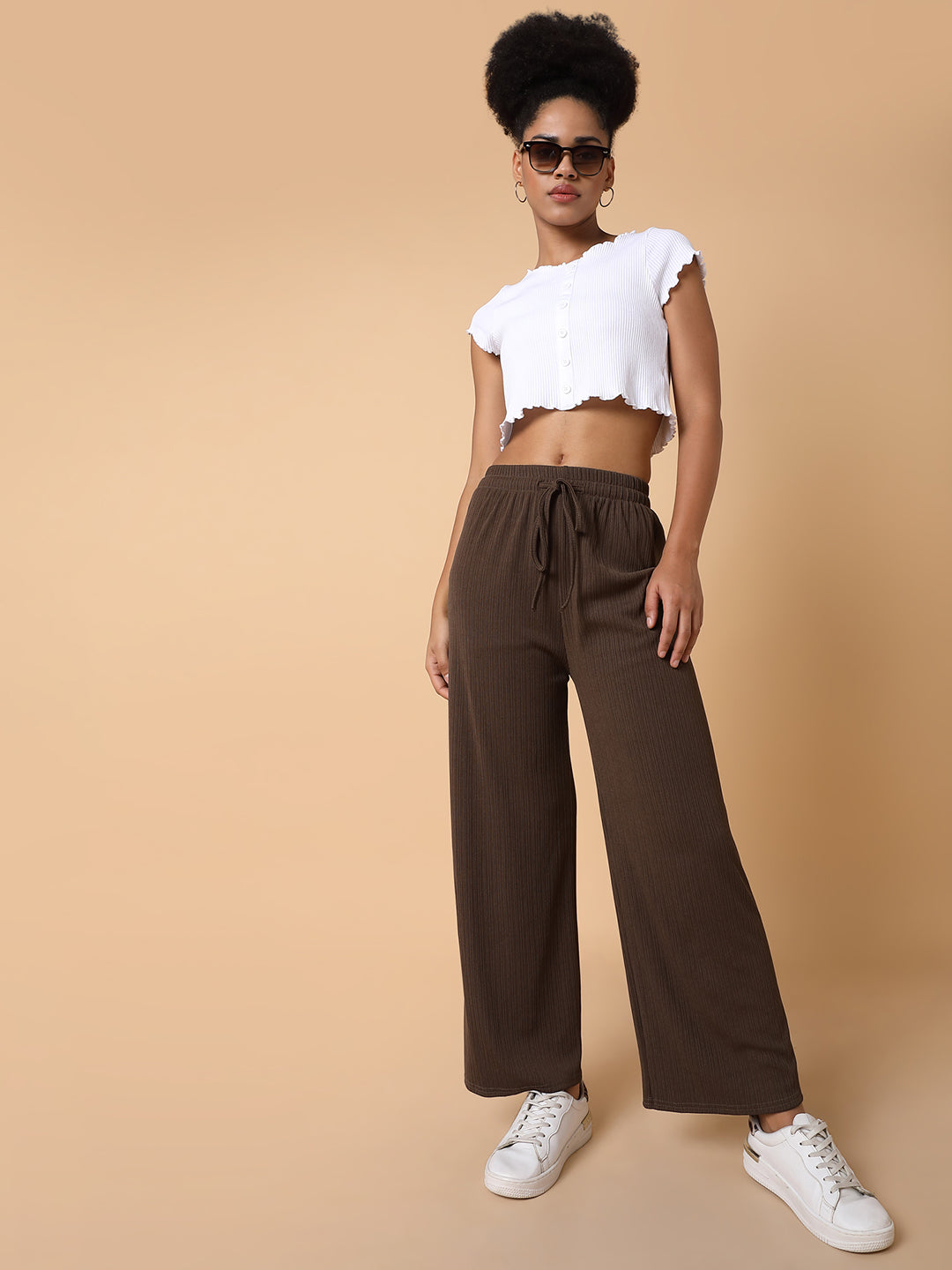 Women Flat Front Solid Brown Trousers