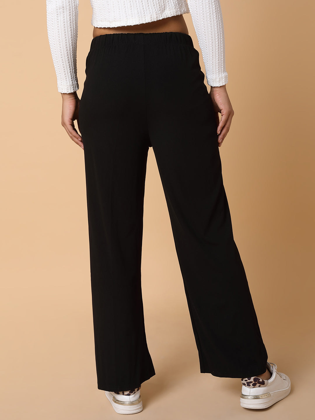 Women Flat Front Solid Black Trousers