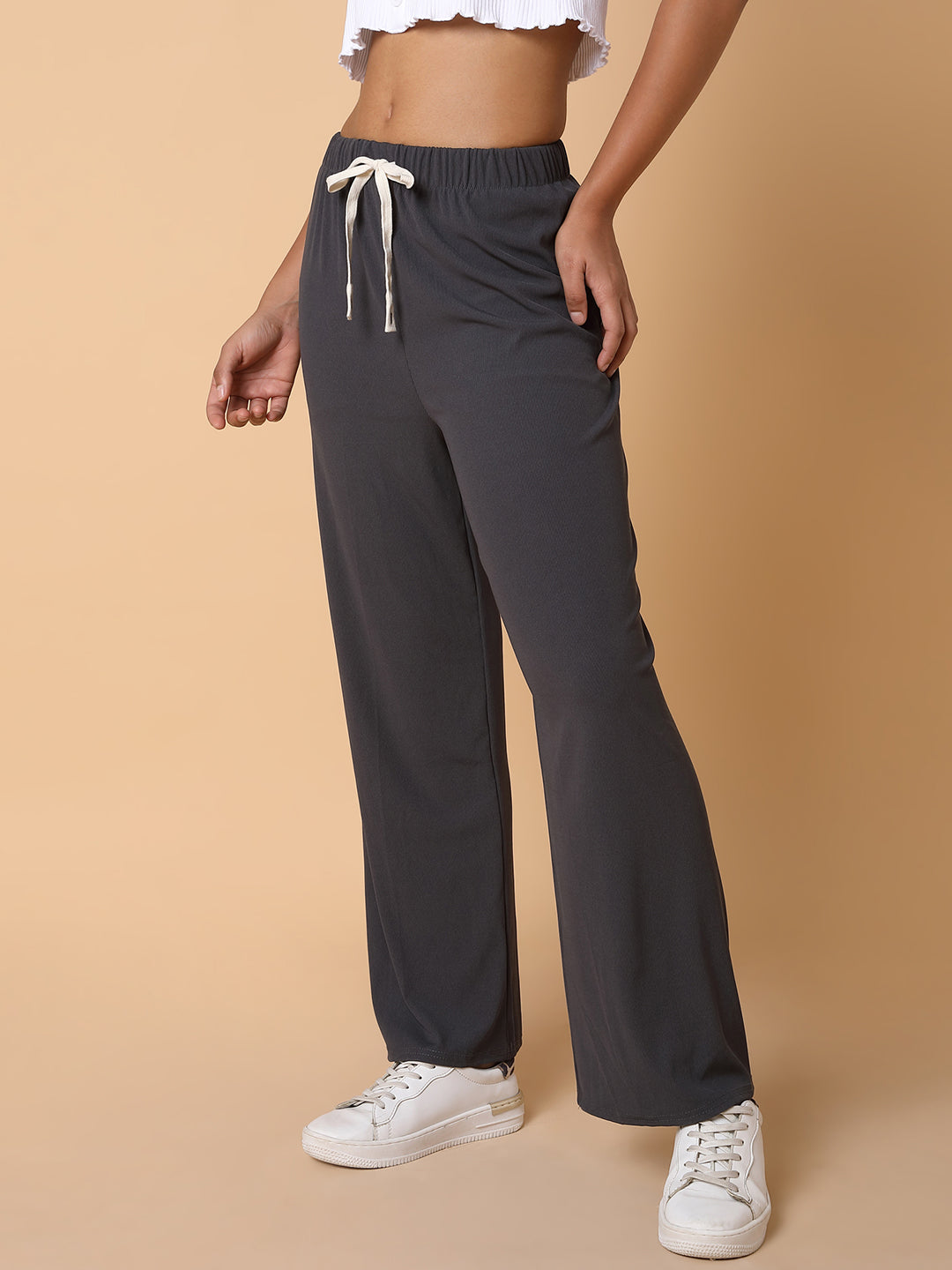 Women Flat Front Solid Grey Trousers