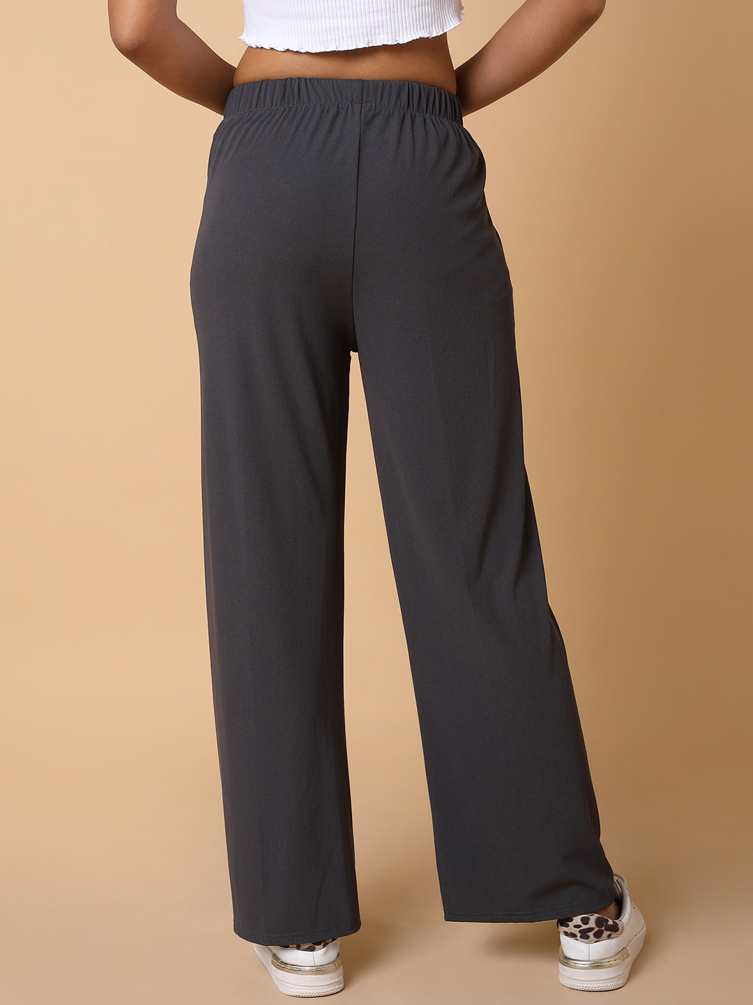 Women Flat Front Solid Grey Trousers