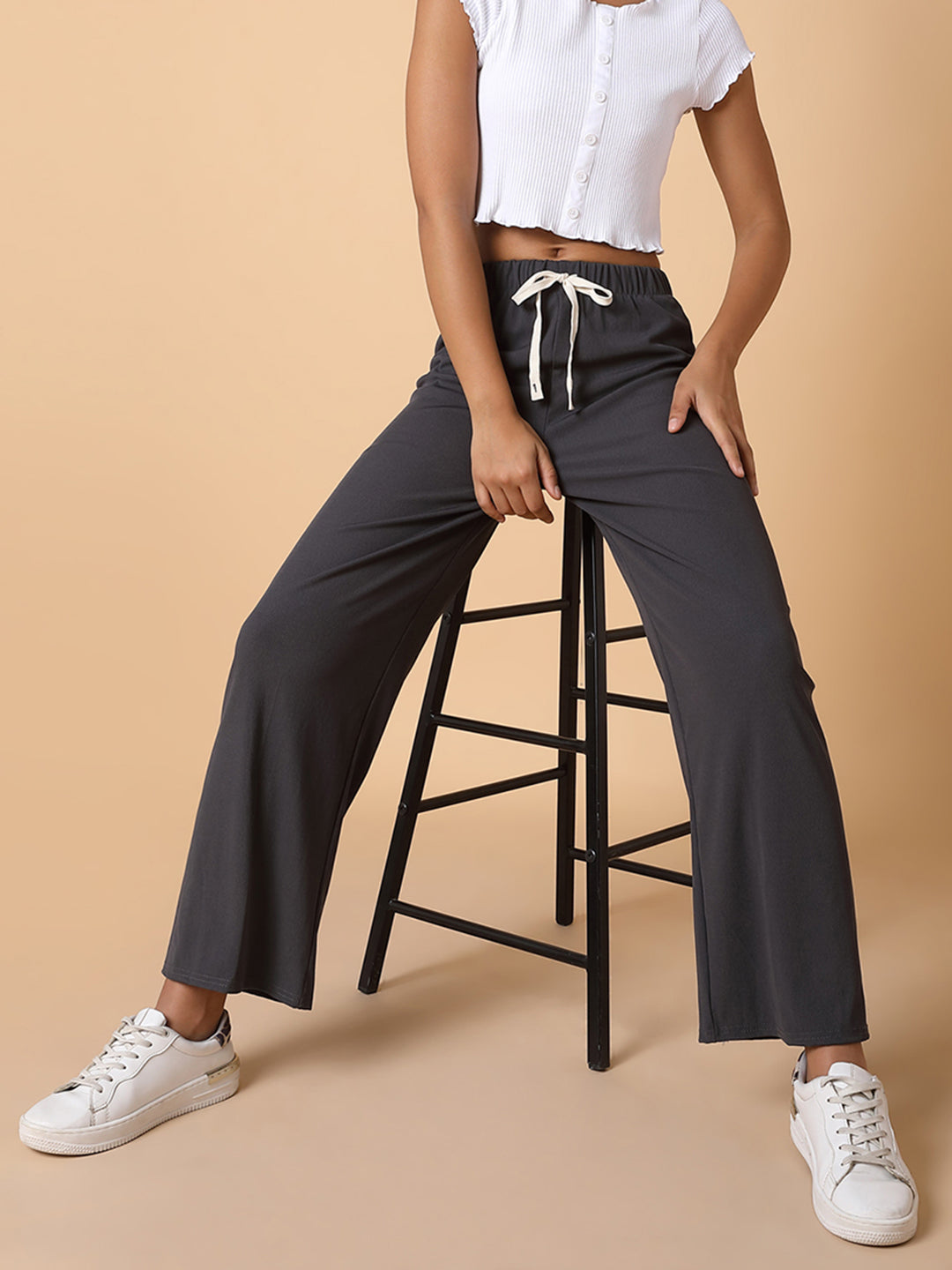 Women Flat Front Solid Grey Trousers