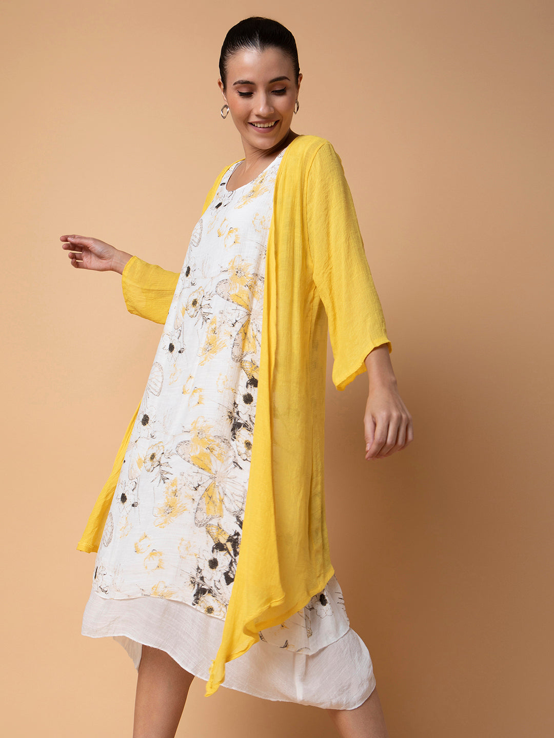 Women Floral Yellow Midi A-Line Dress with shrug