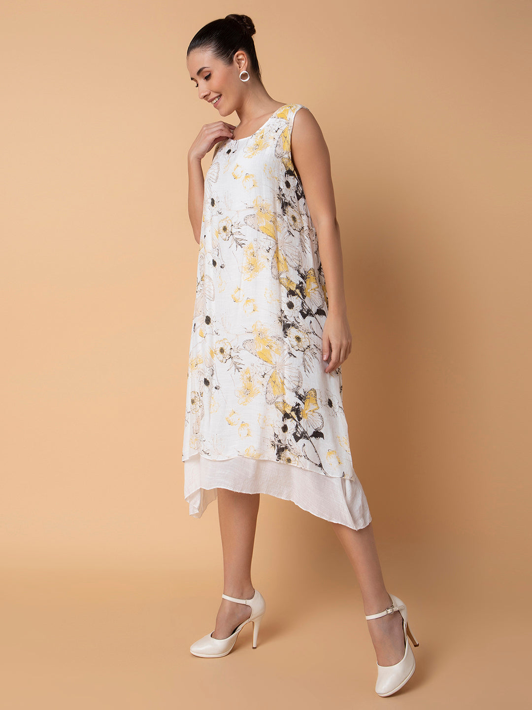 Women Floral Yellow Midi A-Line Dress with shrug