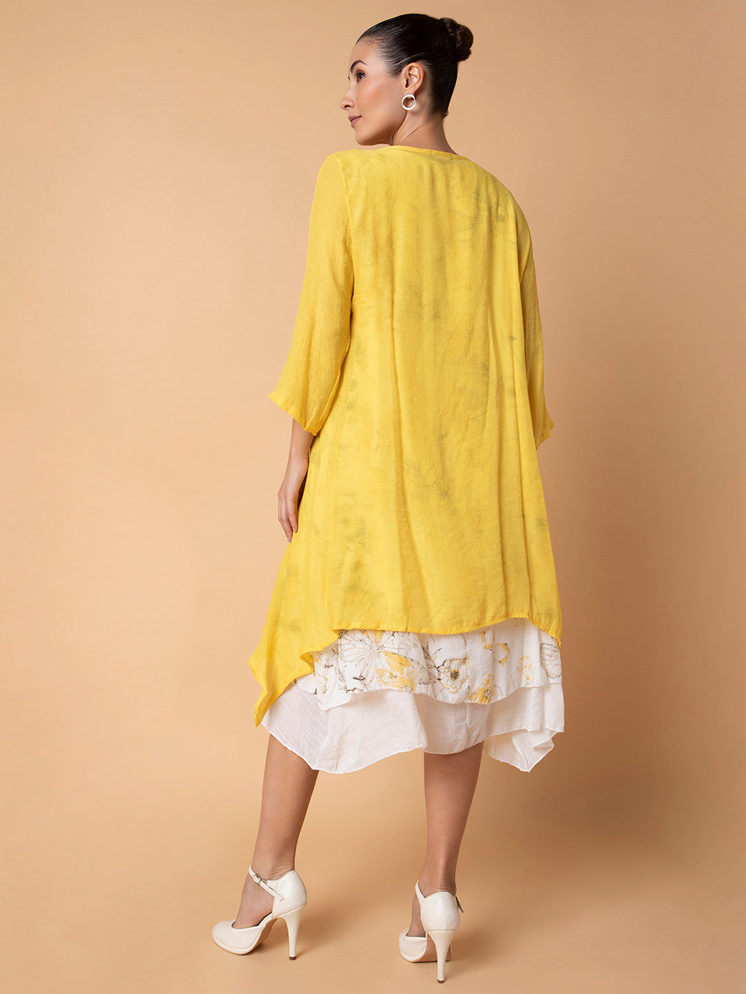 Women Floral Yellow Midi A-Line Dress with shrug