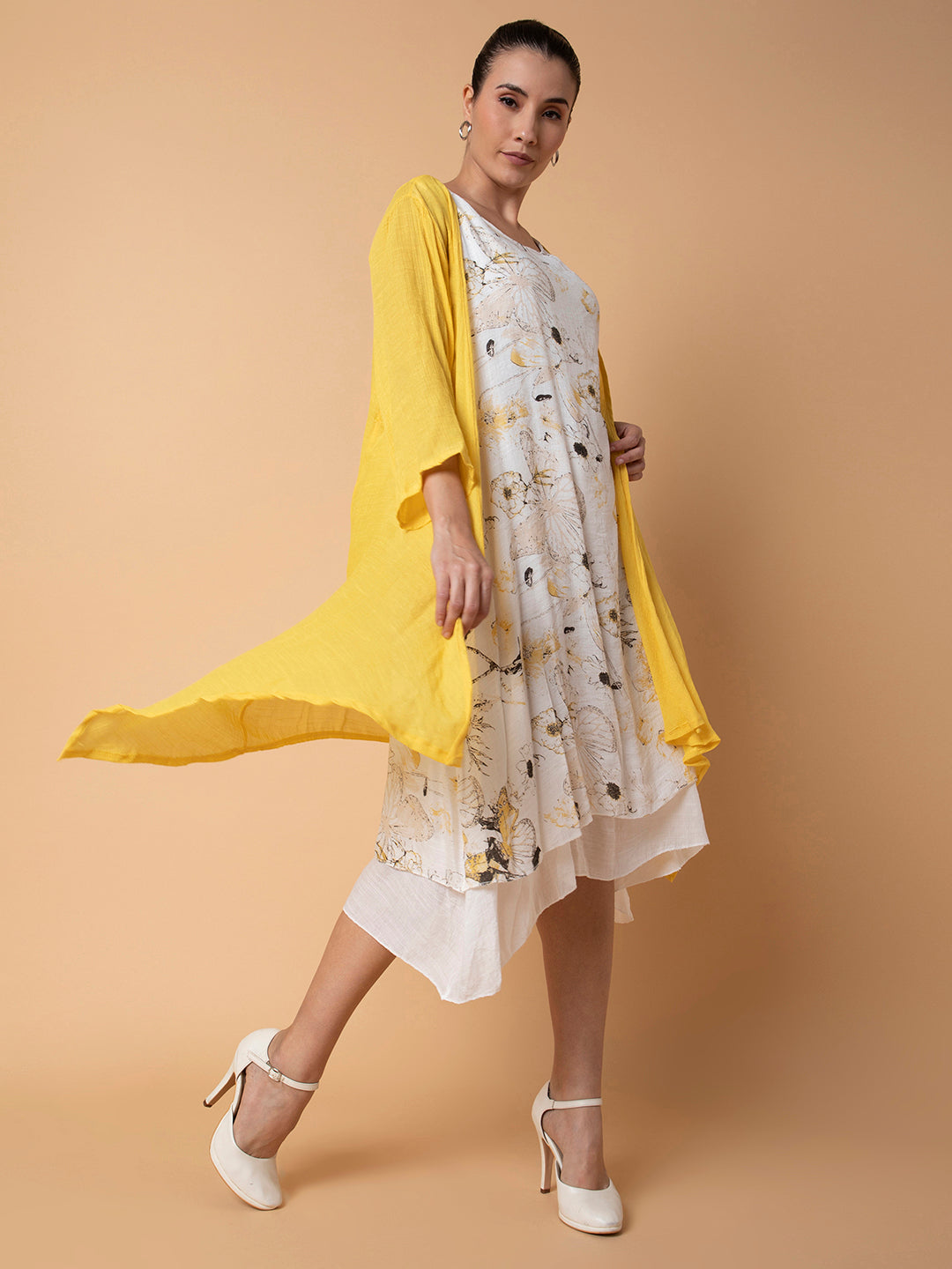 Women Floral Yellow Midi A-Line Dress with shrug