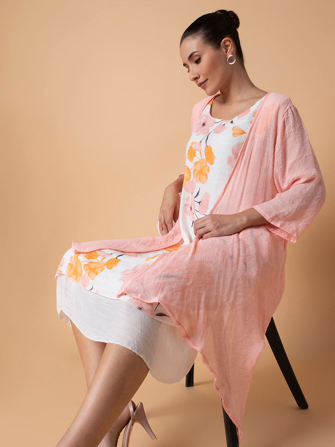 Women's Floral Peach Midi A-Line Dress with shrug