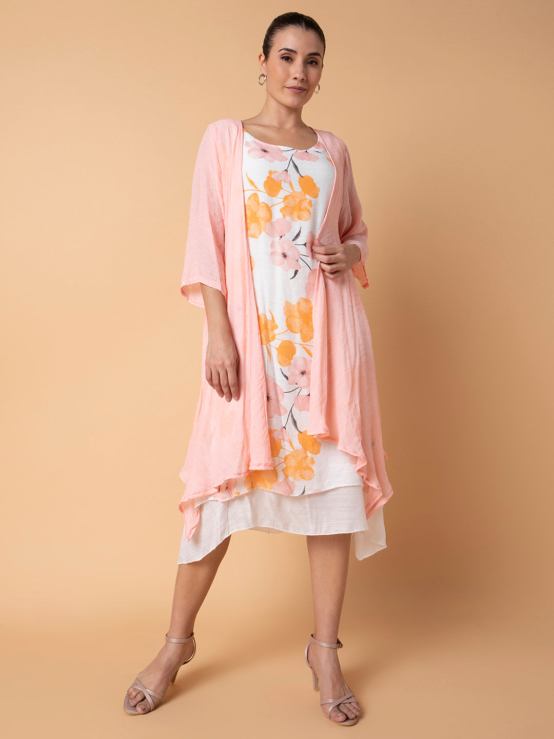 Women's Floral Peach Midi A-Line Dress with shrug