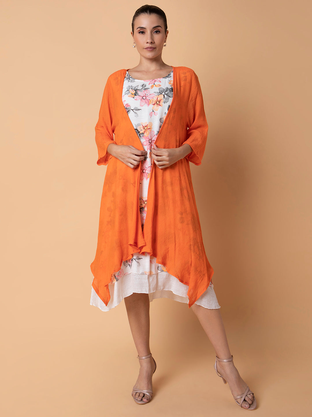 Women Floral Orange Midi A-Line Dress with shrug