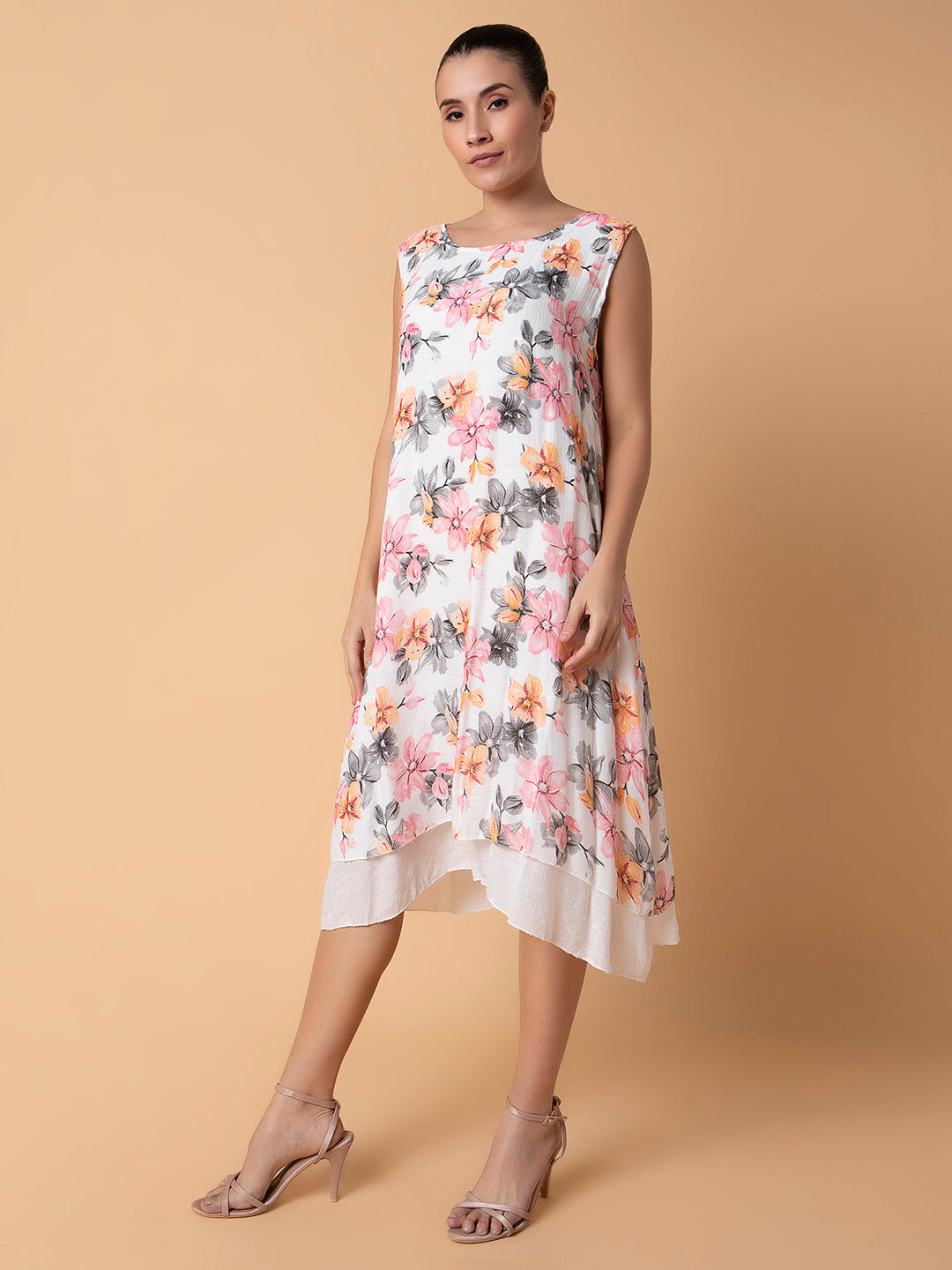 Women Floral Orange Midi A-Line Dress with shrug