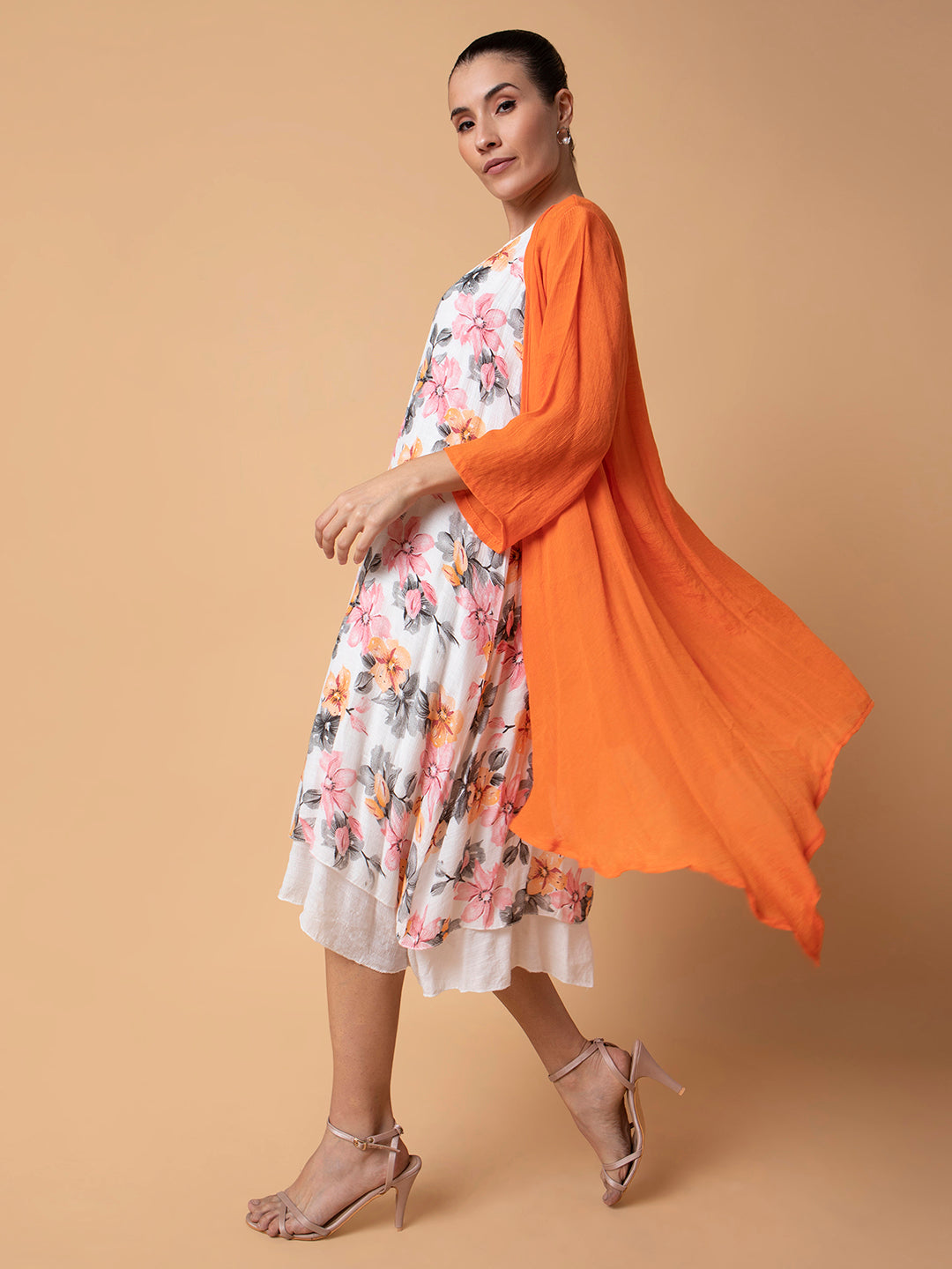 Women Floral Orange Midi A-Line Dress with shrug