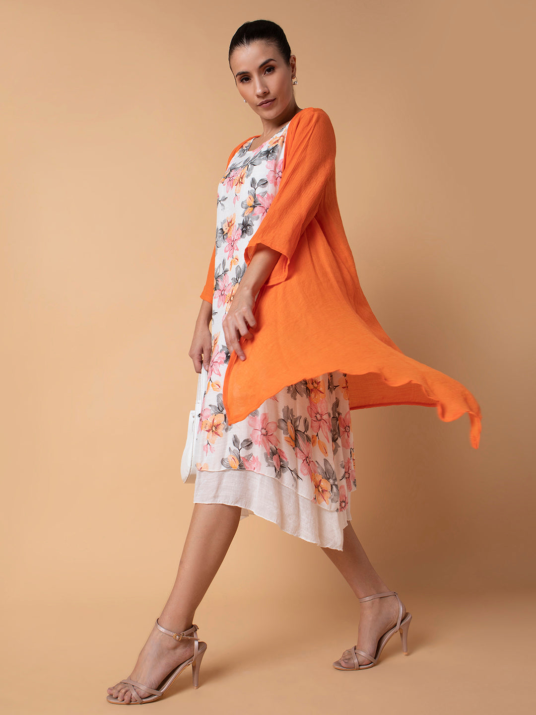 Women Floral Orange Midi A-Line Dress with shrug