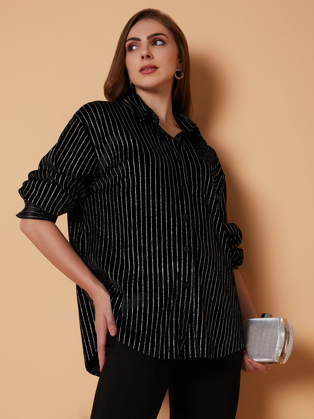 Women Striped Black Oversized Shirt