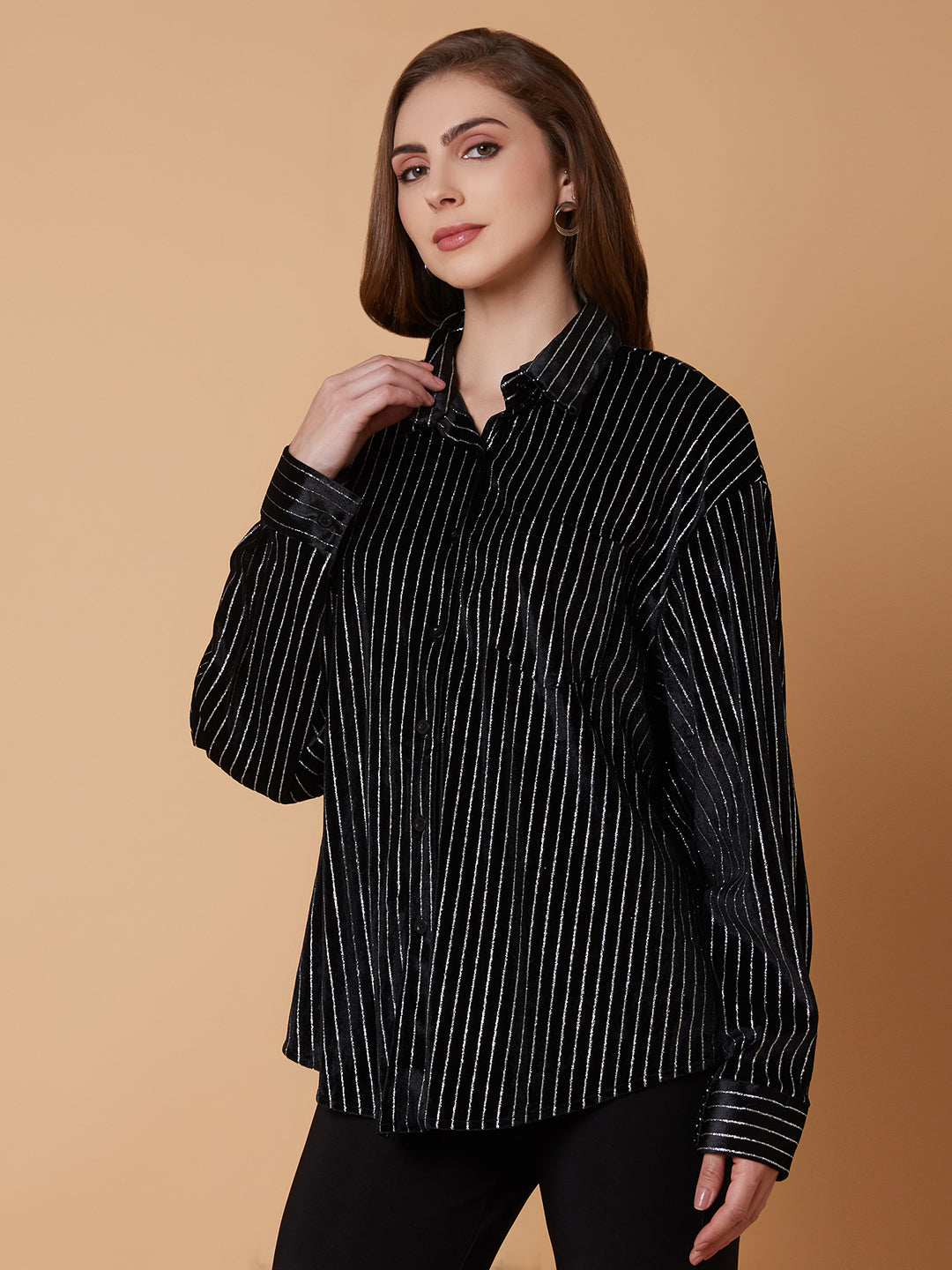 Women Striped Black Oversized Shirt