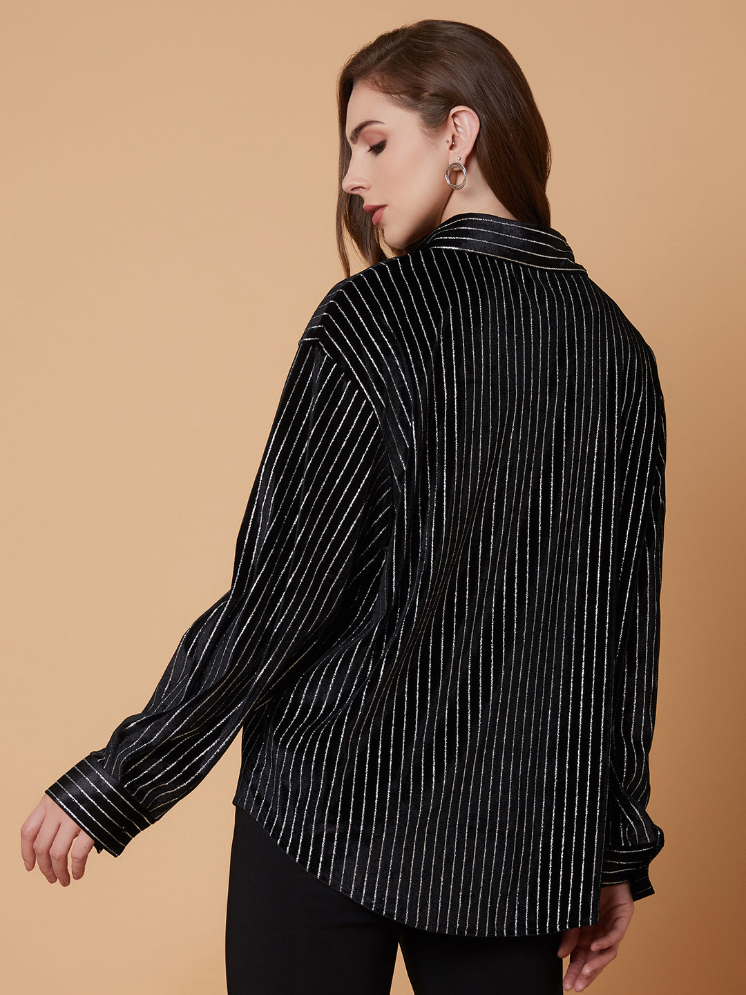 Women Striped Black Oversized Shirt