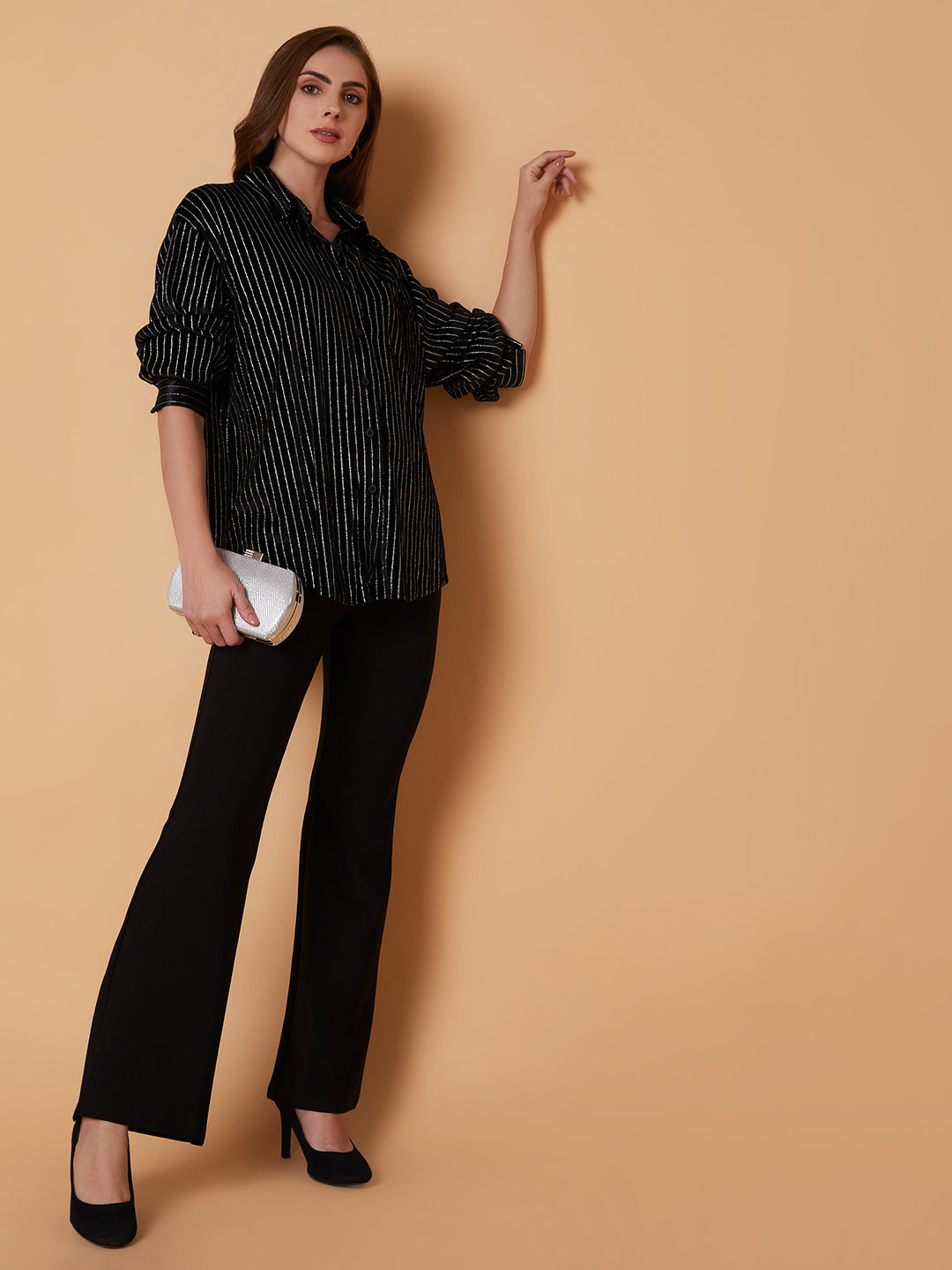 Women Striped Black Oversized Shirt