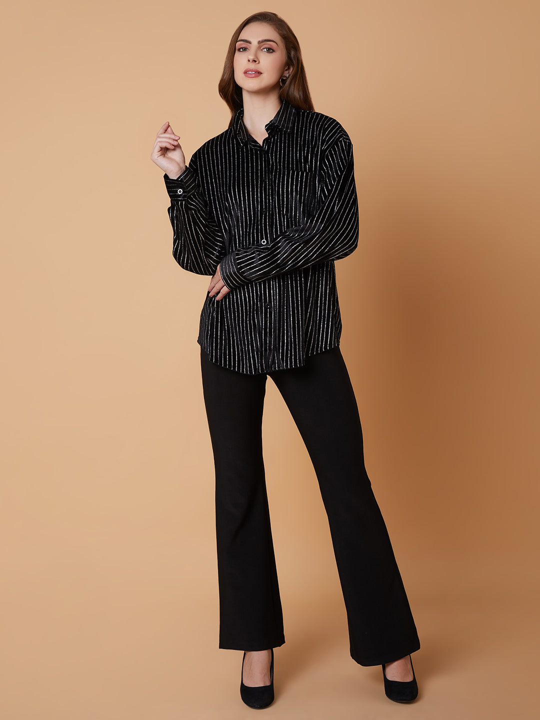 Women Striped Black Oversized Shirt