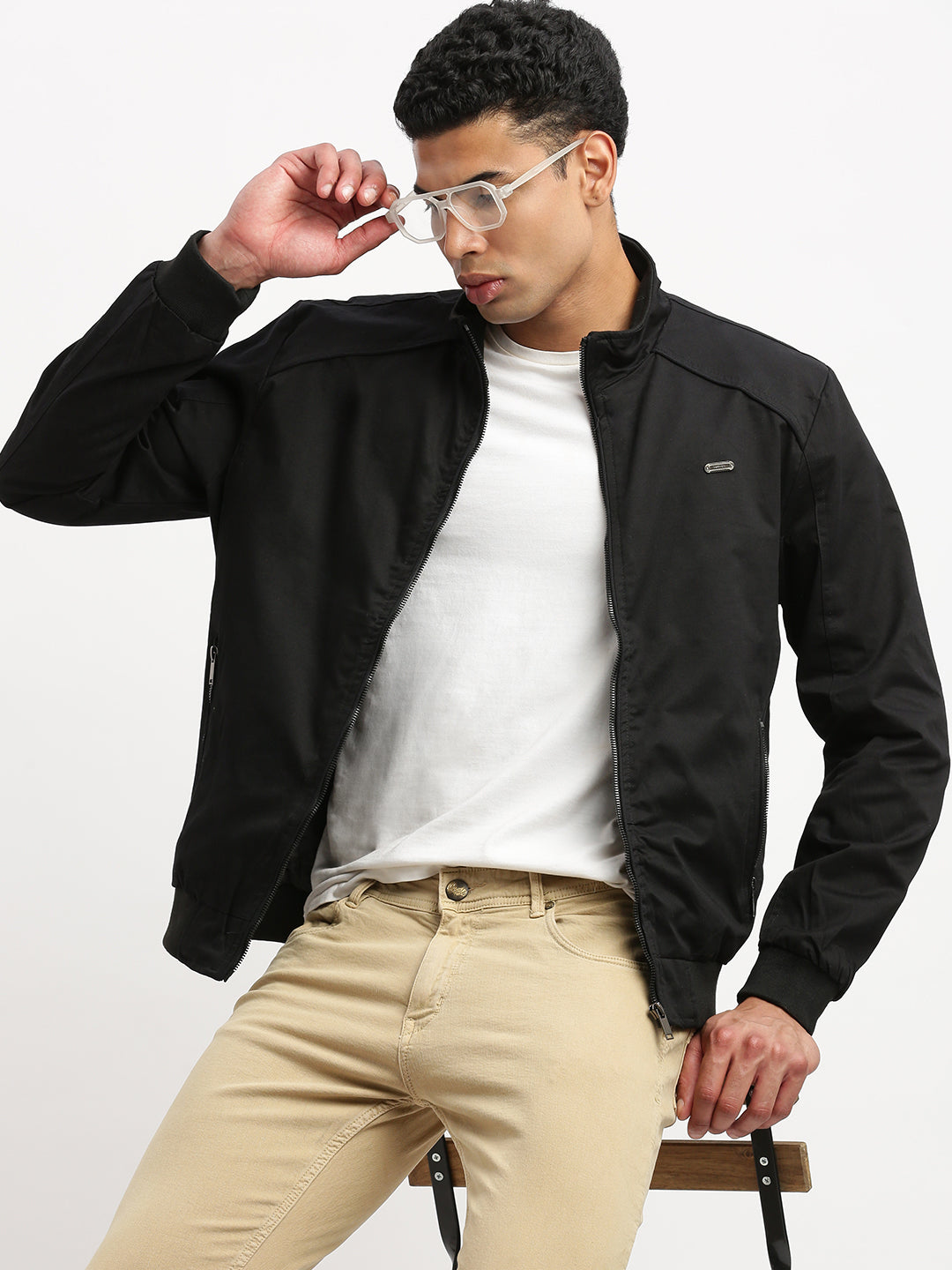 Men Mock Collar Black Solid Bomber Jacket