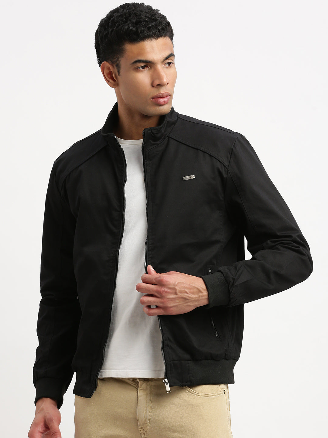 Men Mock Collar Black Solid Bomber Jacket