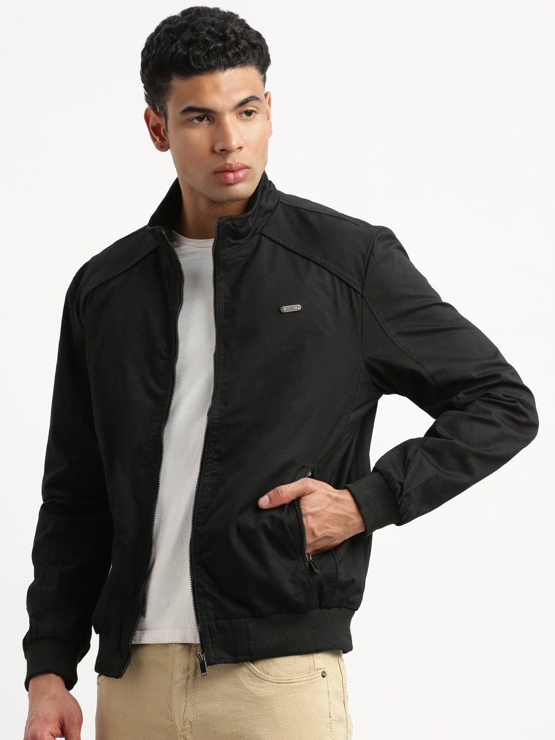 Men Mock Collar Black Solid Bomber Jacket