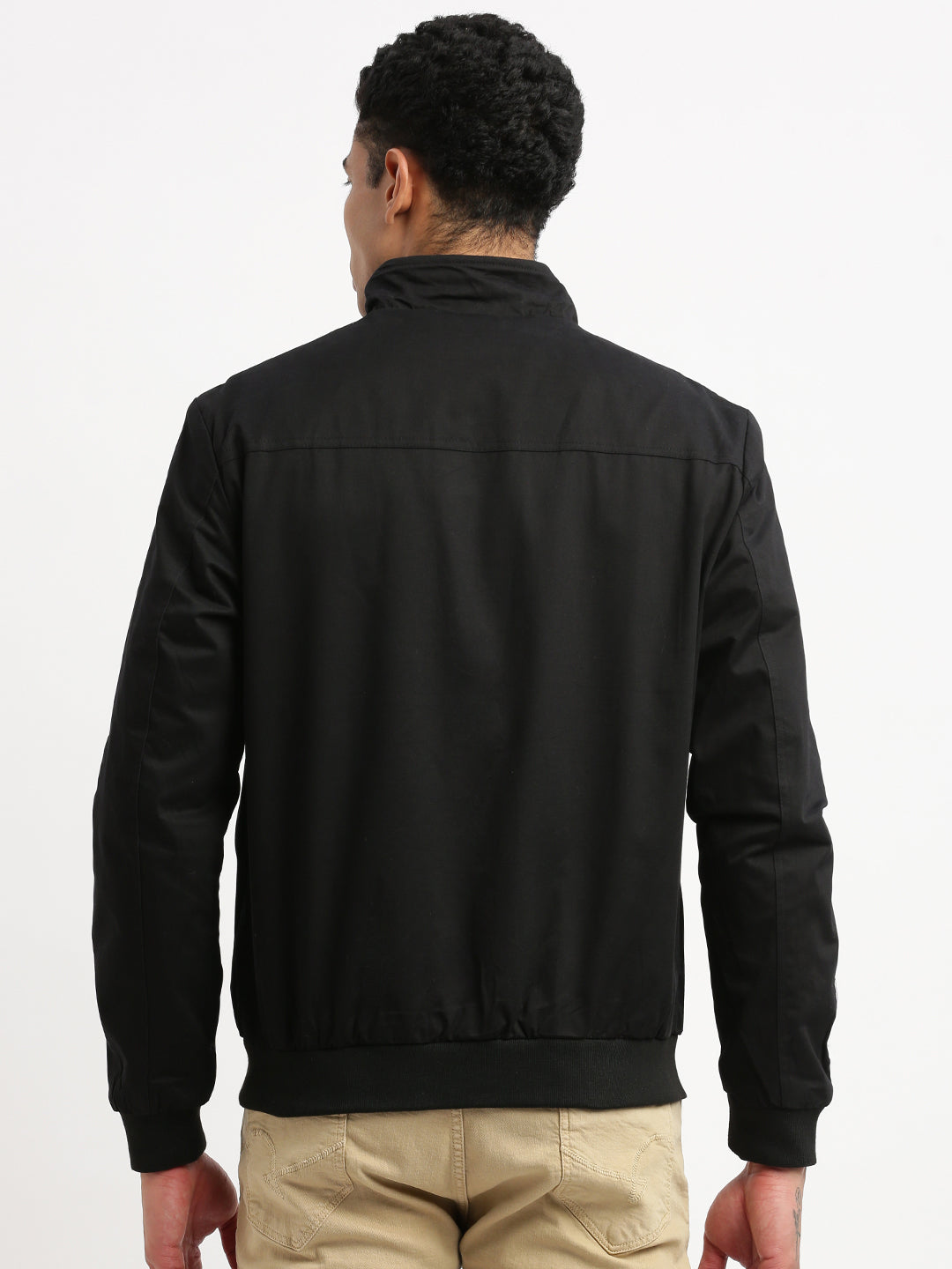 Men Mock Collar Black Solid Bomber Jacket