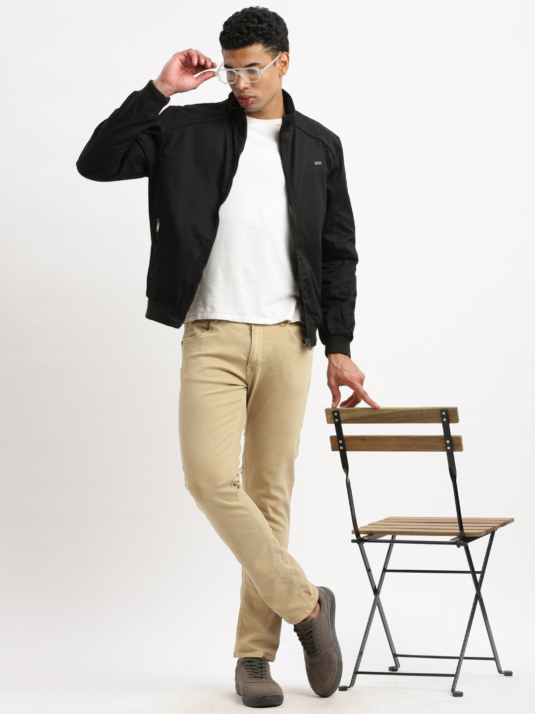 Men Mock Collar Black Solid Bomber Jacket