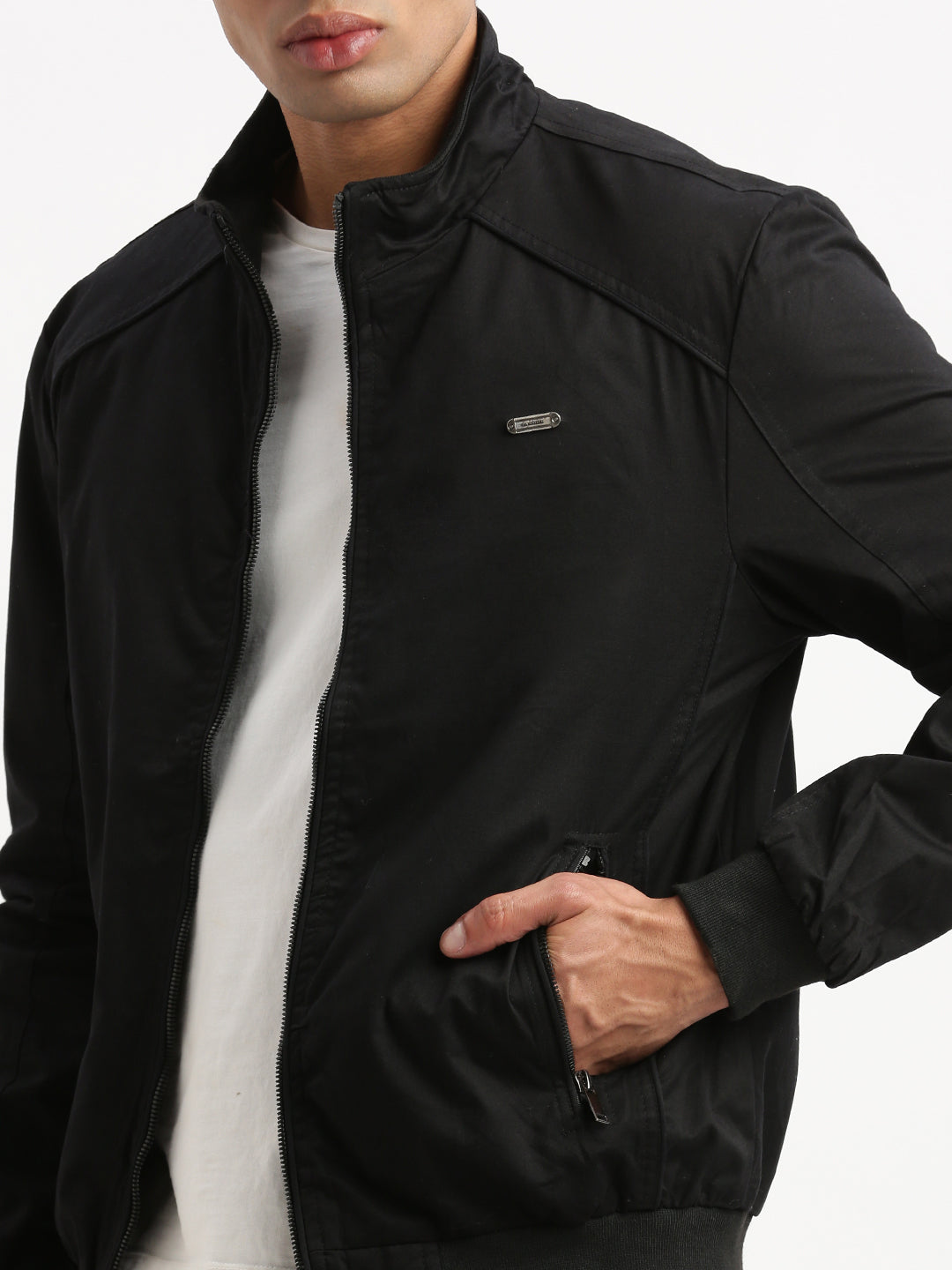 Men Mock Collar Black Solid Bomber Jacket