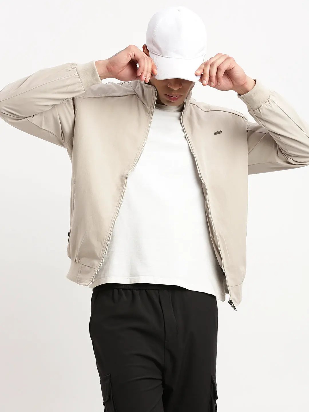 Men's Mock Collar Cream Solid Bomber Jacket