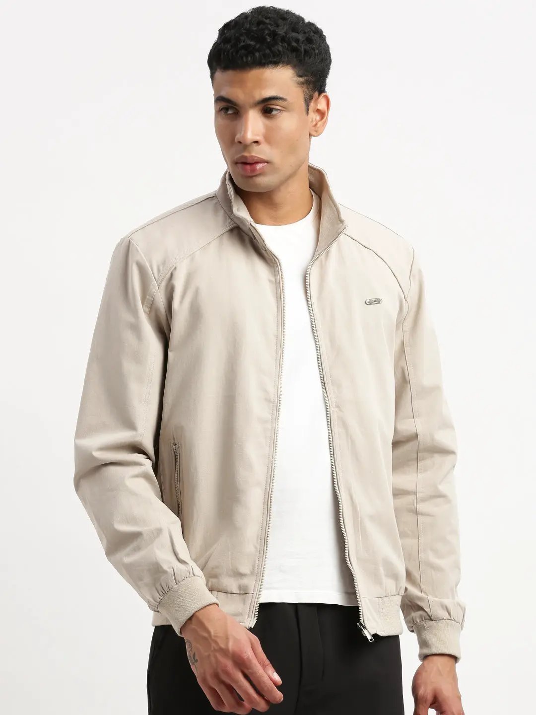 Men's Mock Collar Cream Solid Bomber Jacket