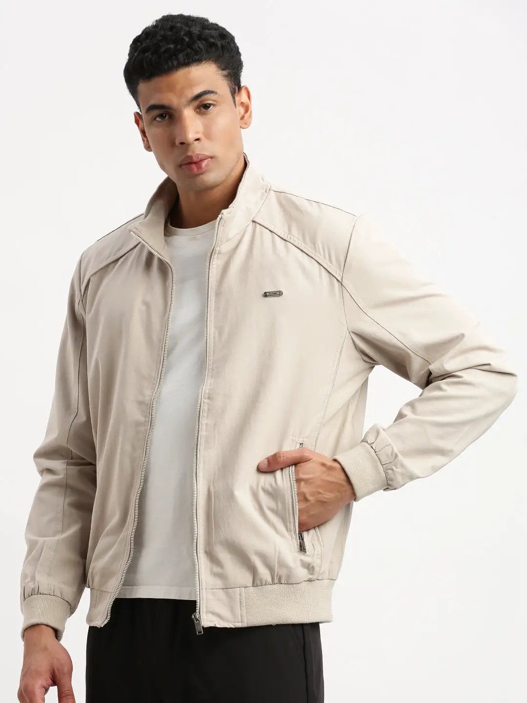 Men's Mock Collar Cream Solid Bomber Jacket