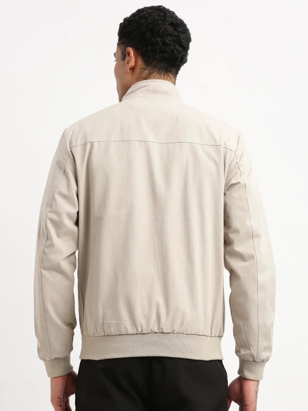 Men's Mock Collar Cream Solid Bomber Jacket